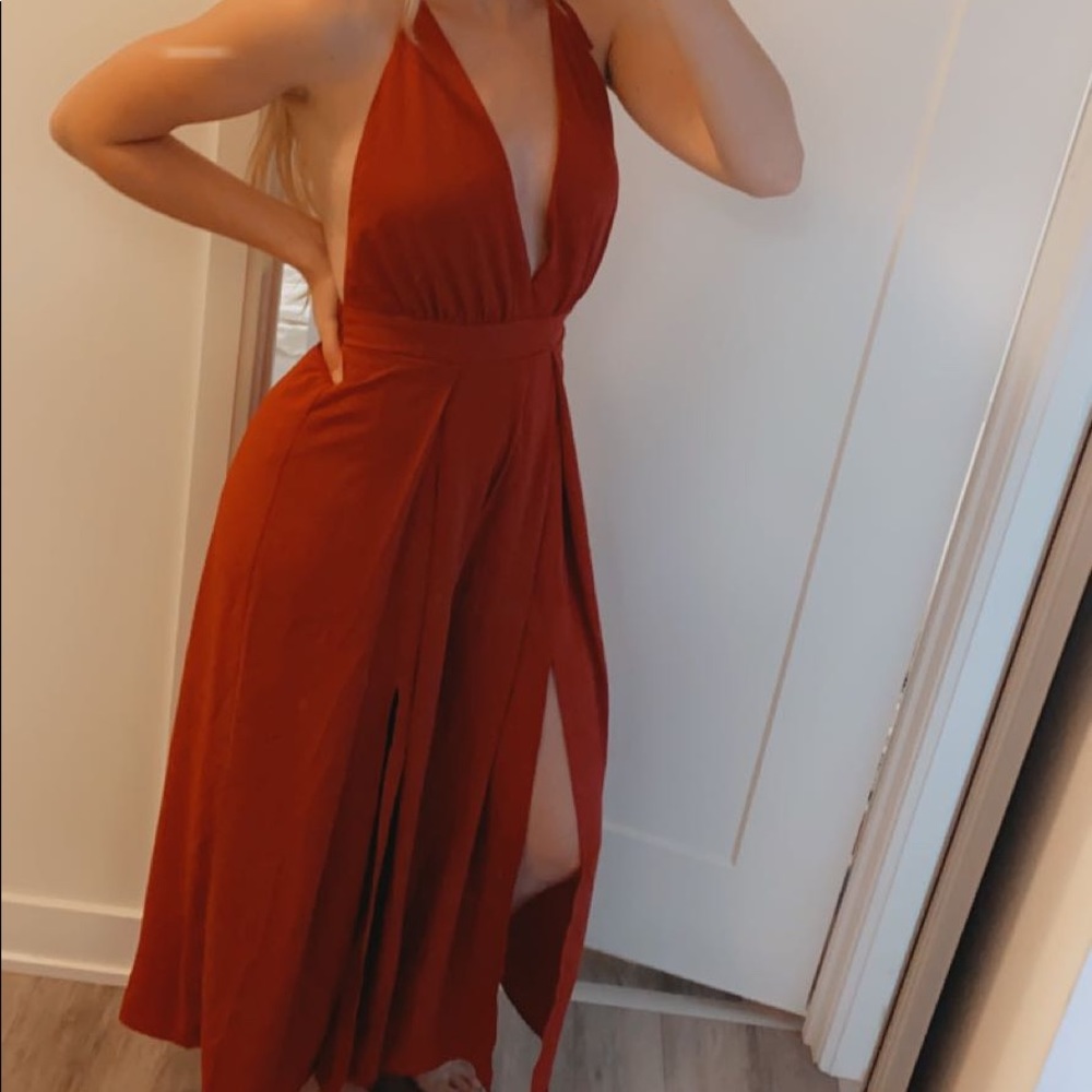 Rust red backless jumpsuit, size M